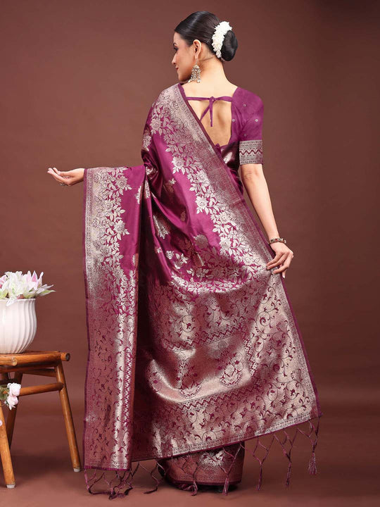 Purple Banarasi silk Saree With Blouse Piece