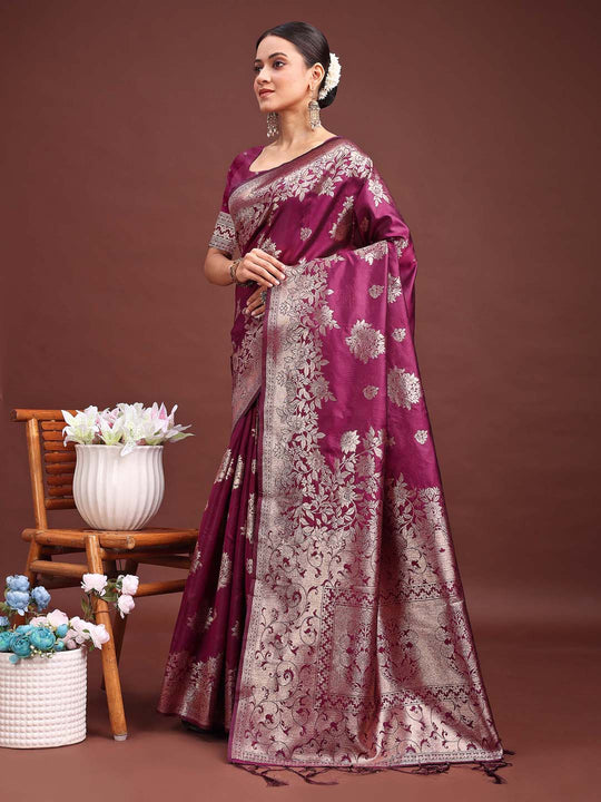 Purple Banarasi silk Saree With Blouse Piece