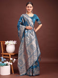 Teal Blue Banarasi silk Saree With Blouse Piece