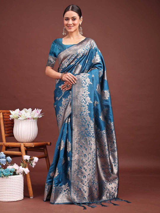 Teal Blue Banarasi silk Saree With Blouse Piece