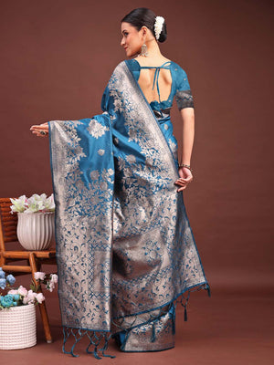 Teal Blue Banarasi silk Saree With Blouse Piece