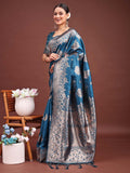 Teal Blue Banarasi silk Saree With Blouse Piece