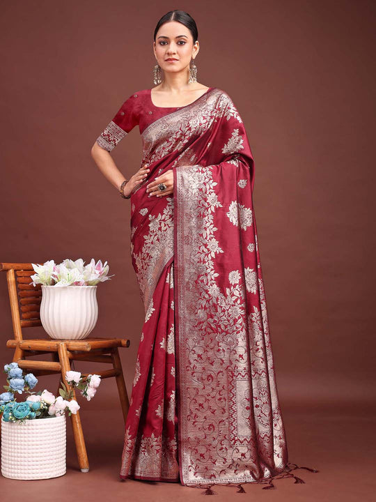 Maroon Banarasi silk Saree With Blouse Piece