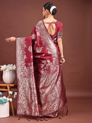 Maroon Banarasi silk Saree With Blouse Piece