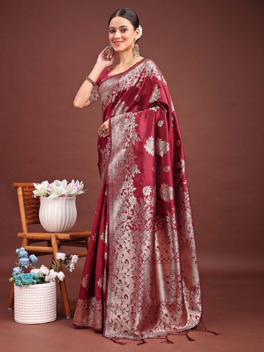 Maroon Banarasi silk Saree With Blouse Piece