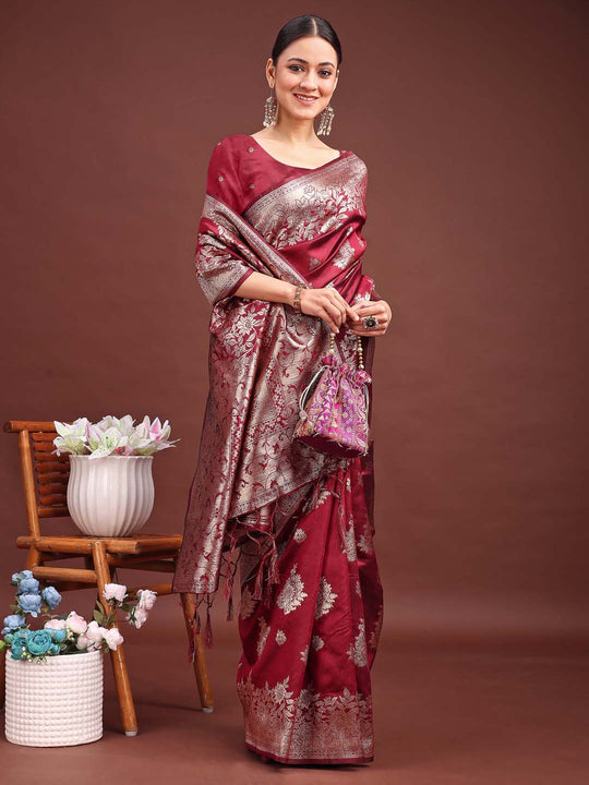 Maroon Banarasi silk Saree With Blouse Piece