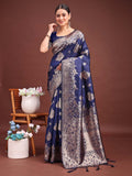 Navy Blue Banarasi silk Saree With Blouse Piece
