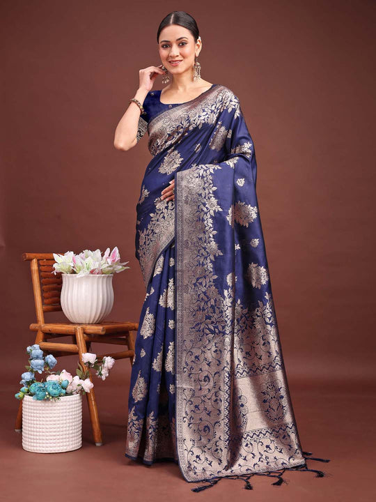 Navy Blue Banarasi silk Saree With Blouse Piece