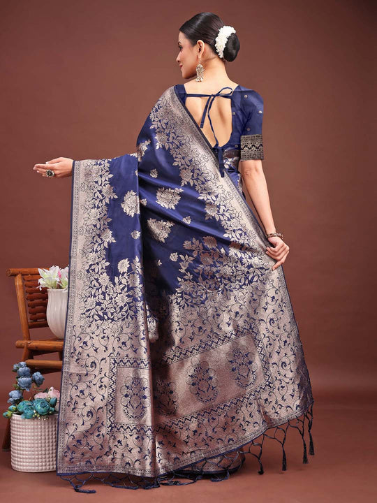 Navy Blue Banarasi silk Saree With Blouse Piece