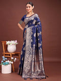 Navy Blue Banarasi silk Saree With Blouse Piece