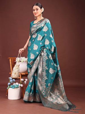 Sea Green Banarasi silk Saree With Blouse Piece