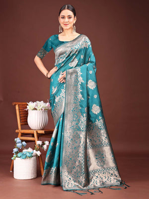 Sea Green Banarasi silk Saree With Blouse Piece