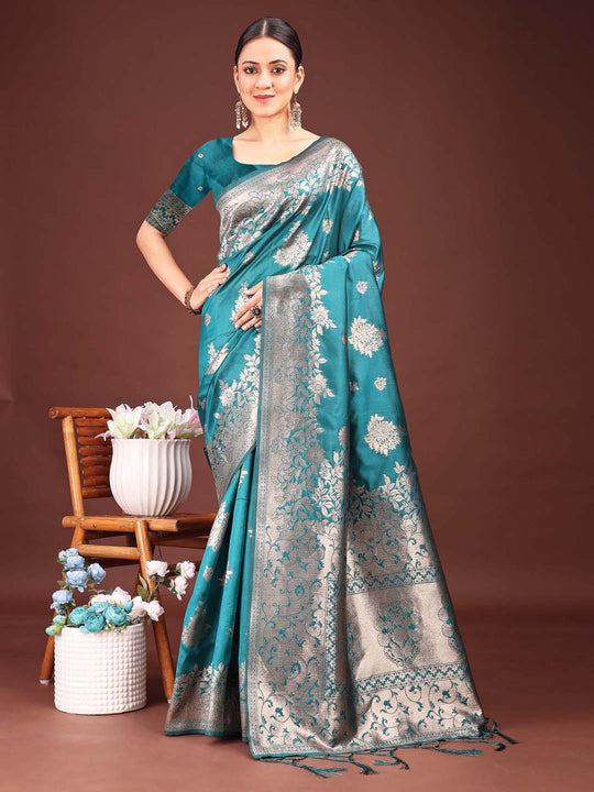Sea Green Banarasi silk Saree With Blouse Piece