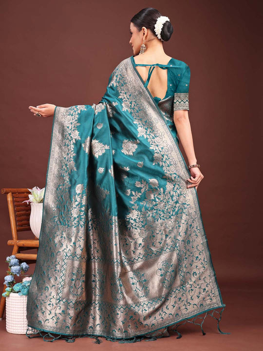 Sea Green Banarasi silk Saree With Blouse Piece