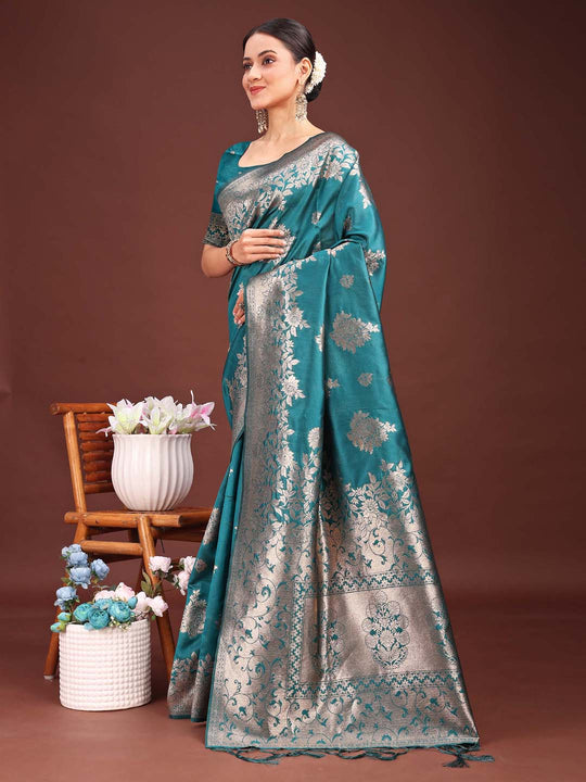 Sea Green Banarasi silk Saree With Blouse Piece