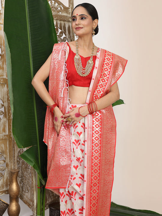 White Linen Cotton Saree With Blouse Piece