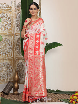 White Linen Cotton Saree With Blouse Piece