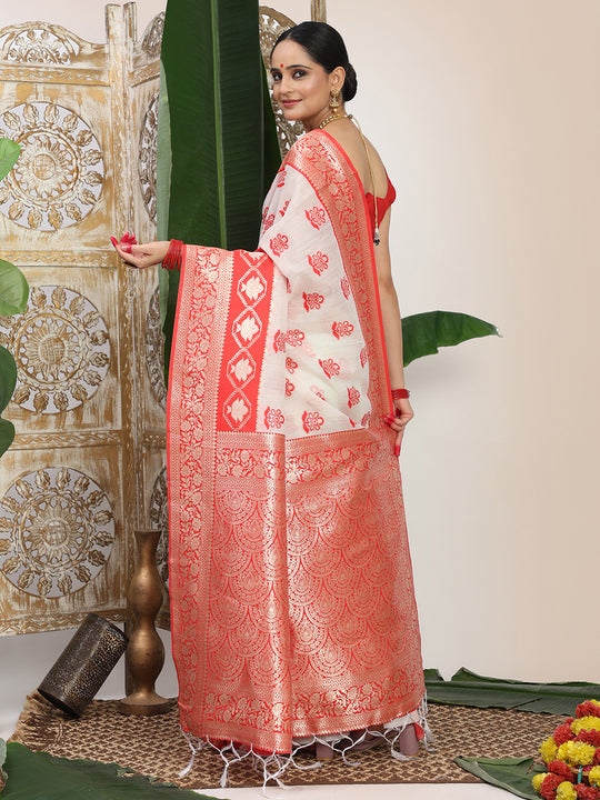 White Linen Cotton Saree With Blouse Piece