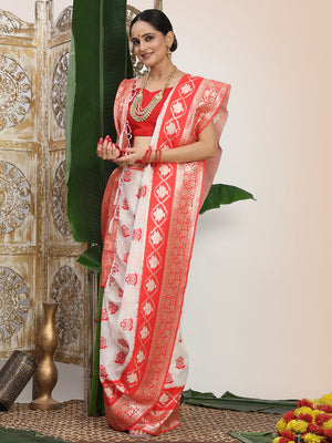 White Linen Cotton Saree With Blouse Piece