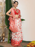 White Linen Cotton Saree With Blouse Piece