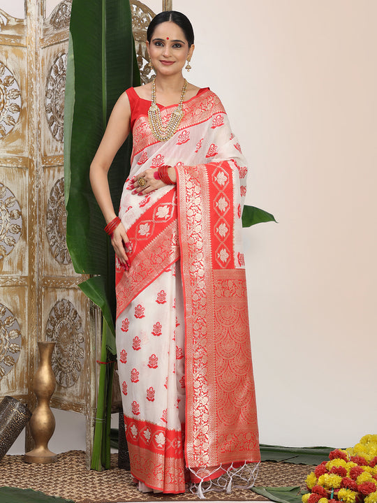 White Linen Cotton Saree With Blouse Piece