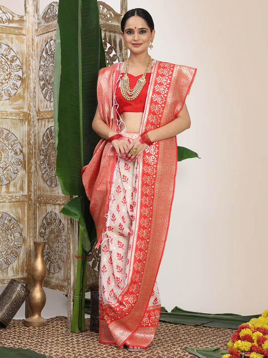 White Linen Cotton Saree With Blouse Piece