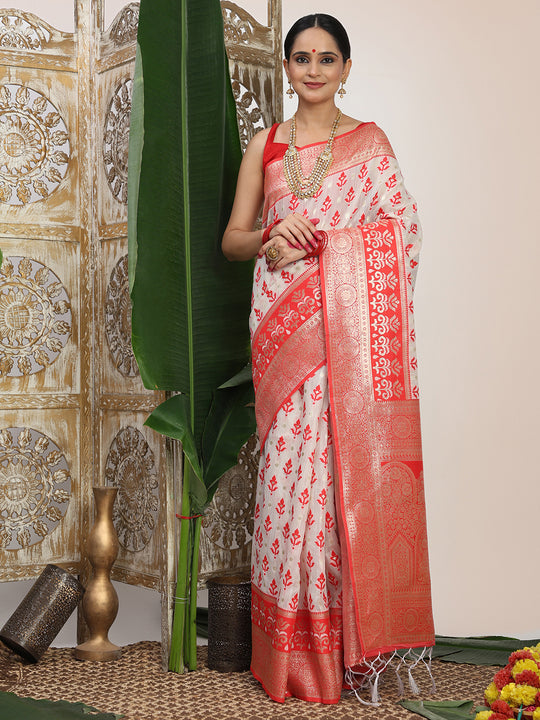 White Linen Cotton Saree With Blouse Piece