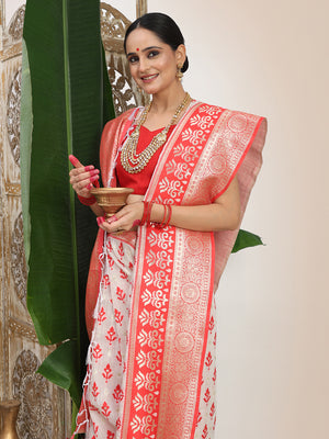 White Linen Cotton Saree With Blouse Piece