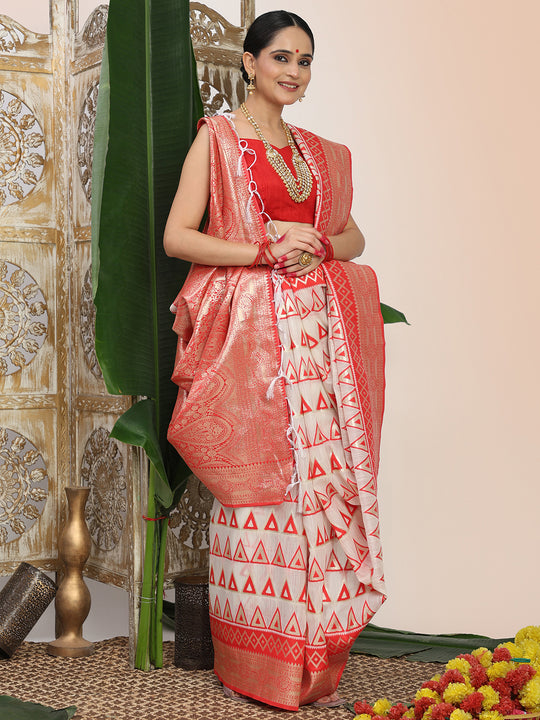 White Linen Cotton Saree With Blouse Piece