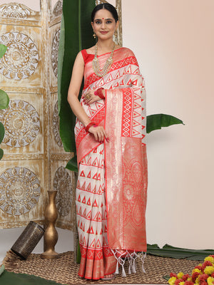 White Linen Cotton Saree With Blouse Piece