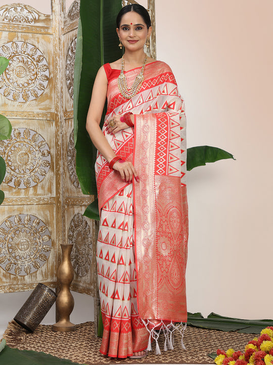 White Linen Cotton Saree With Blouse Piece