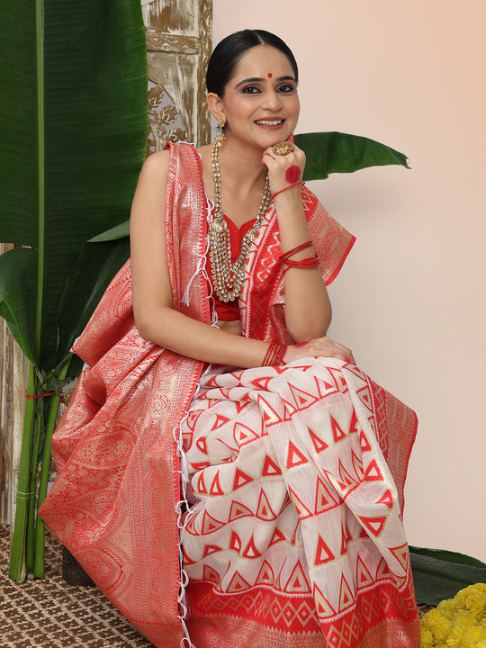 White Linen Cotton Saree With Blouse Piece