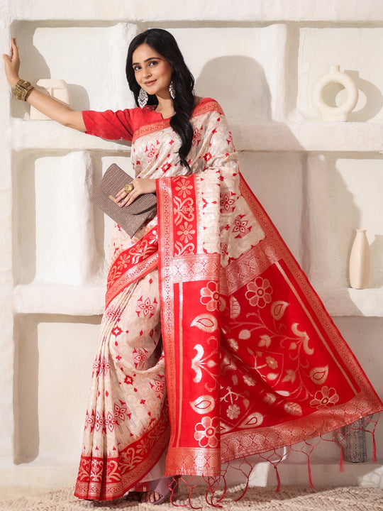 White Linen Cotton Saree With Blouse Piece