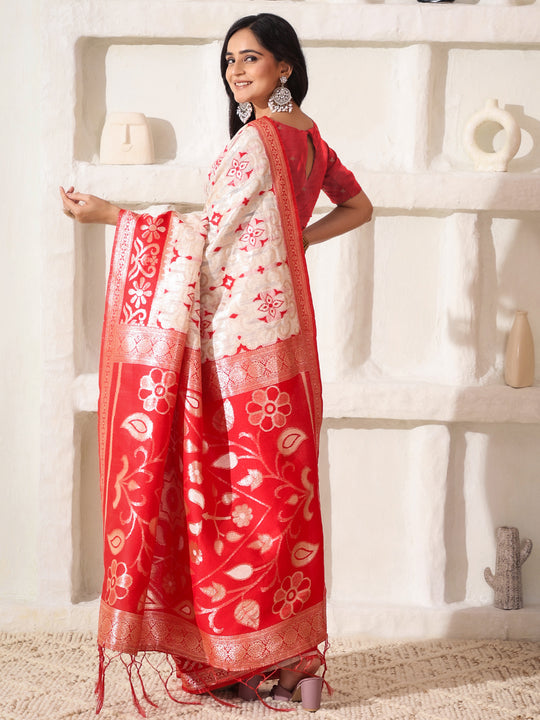 White Linen Cotton Saree With Blouse Piece