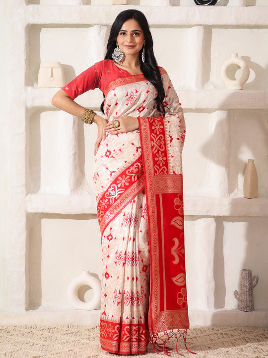 White Linen Cotton Saree With Blouse Piece