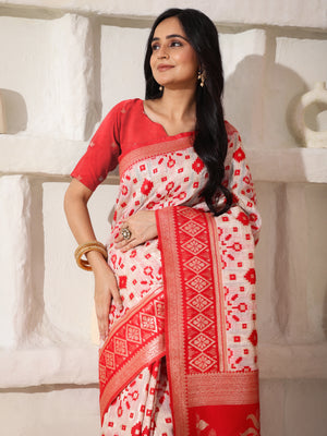 White Linen Cotton Saree With Blouse Piece