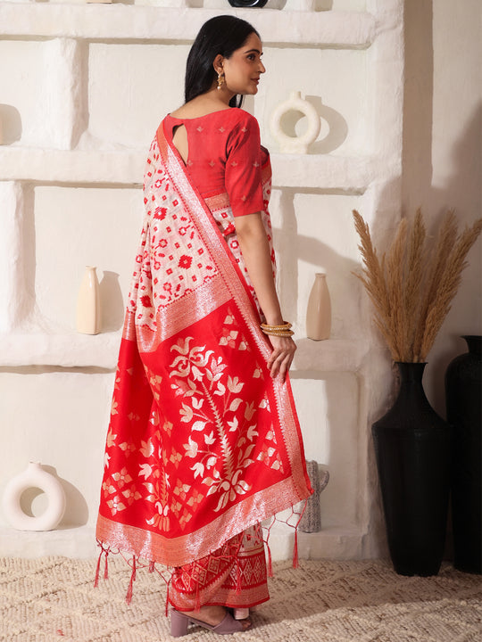 White Linen Cotton Saree With Blouse Piece