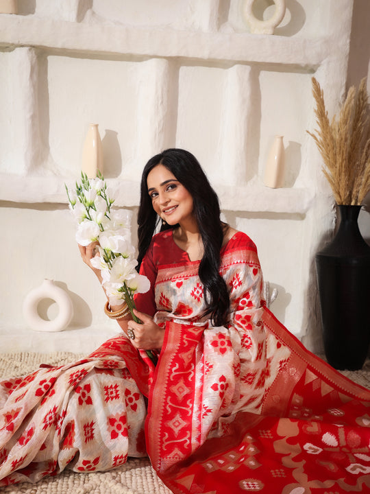 White Linen Cotton Saree With Blouse Piece