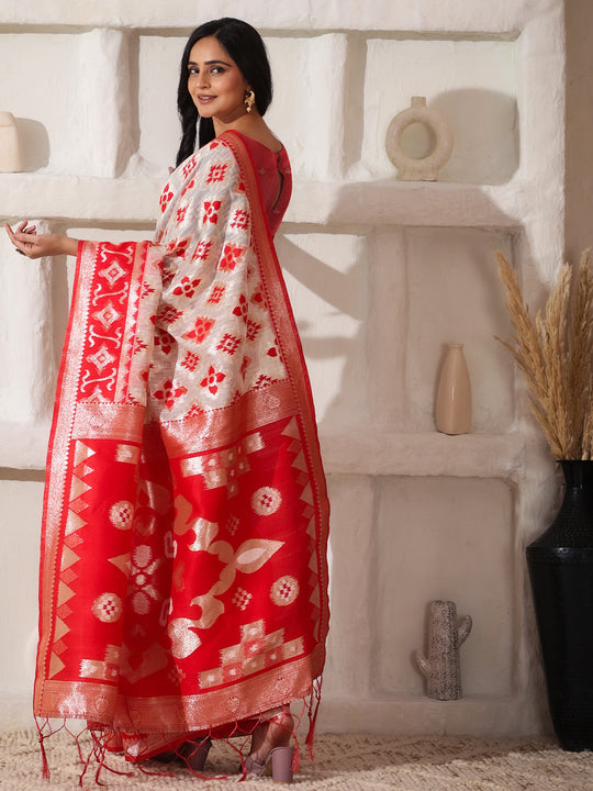 White Linen Cotton Saree With Blouse Piece