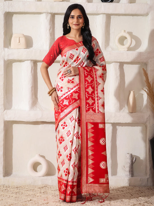 White Linen Cotton Saree With Blouse Piece