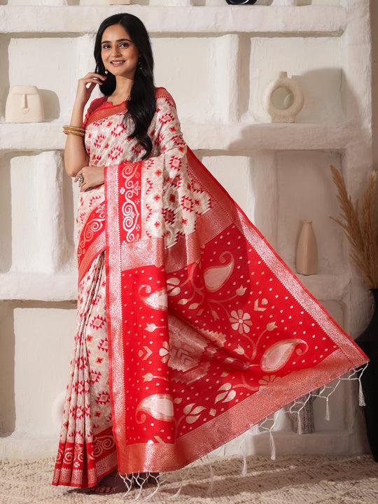 White Linen Cotton Saree With Blouse Piece