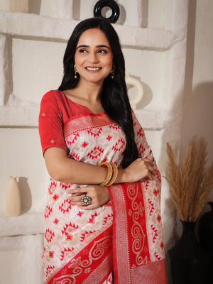 White Linen Cotton Saree With Blouse Piece