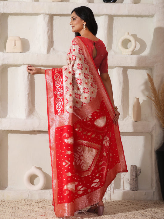 White Linen Cotton Saree With Blouse Piece