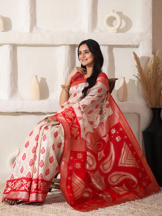 White Linen Cotton Saree With Blouse Piece