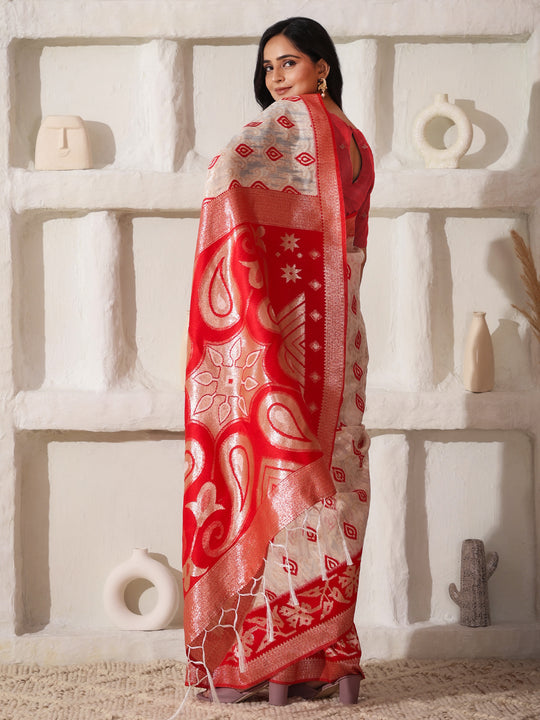 White Linen Cotton Saree With Blouse Piece