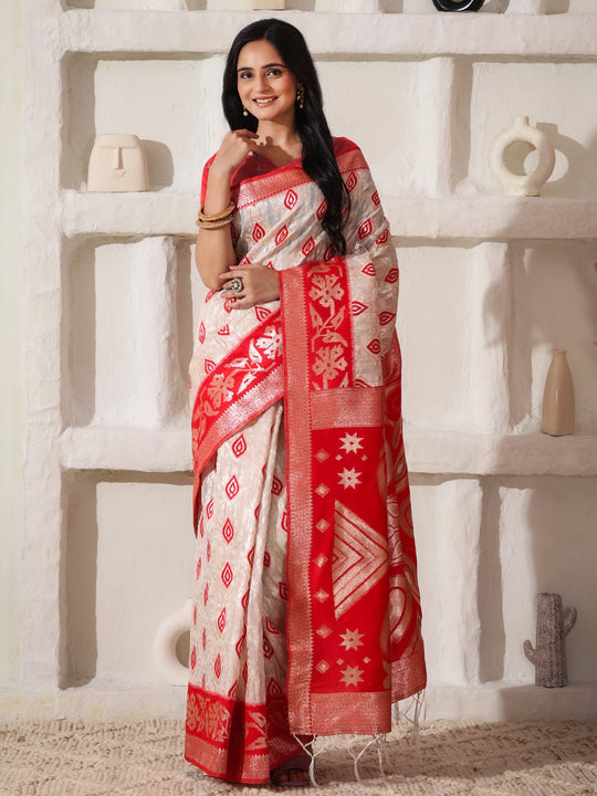 White Linen Cotton Saree With Blouse Piece