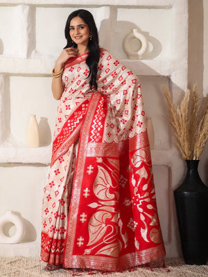 White Linen Cotton Saree With Blouse Piece