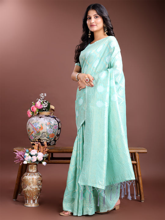 Sea Green Cotton Saree With Blouse Piece