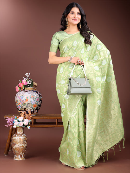 Light Green Cotton Saree With Blouse Piece