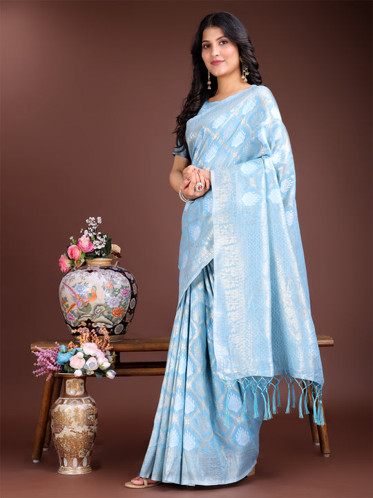 Sky Blue Cotton Saree With Blouse Piece